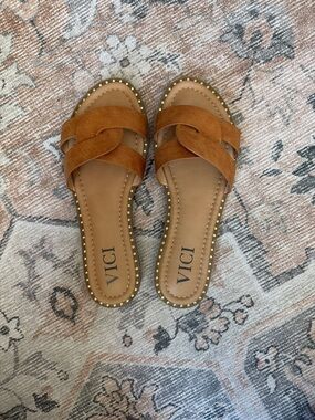 VICI Cognac Brown Suede Crossover Slide Sandals Sz 7.5